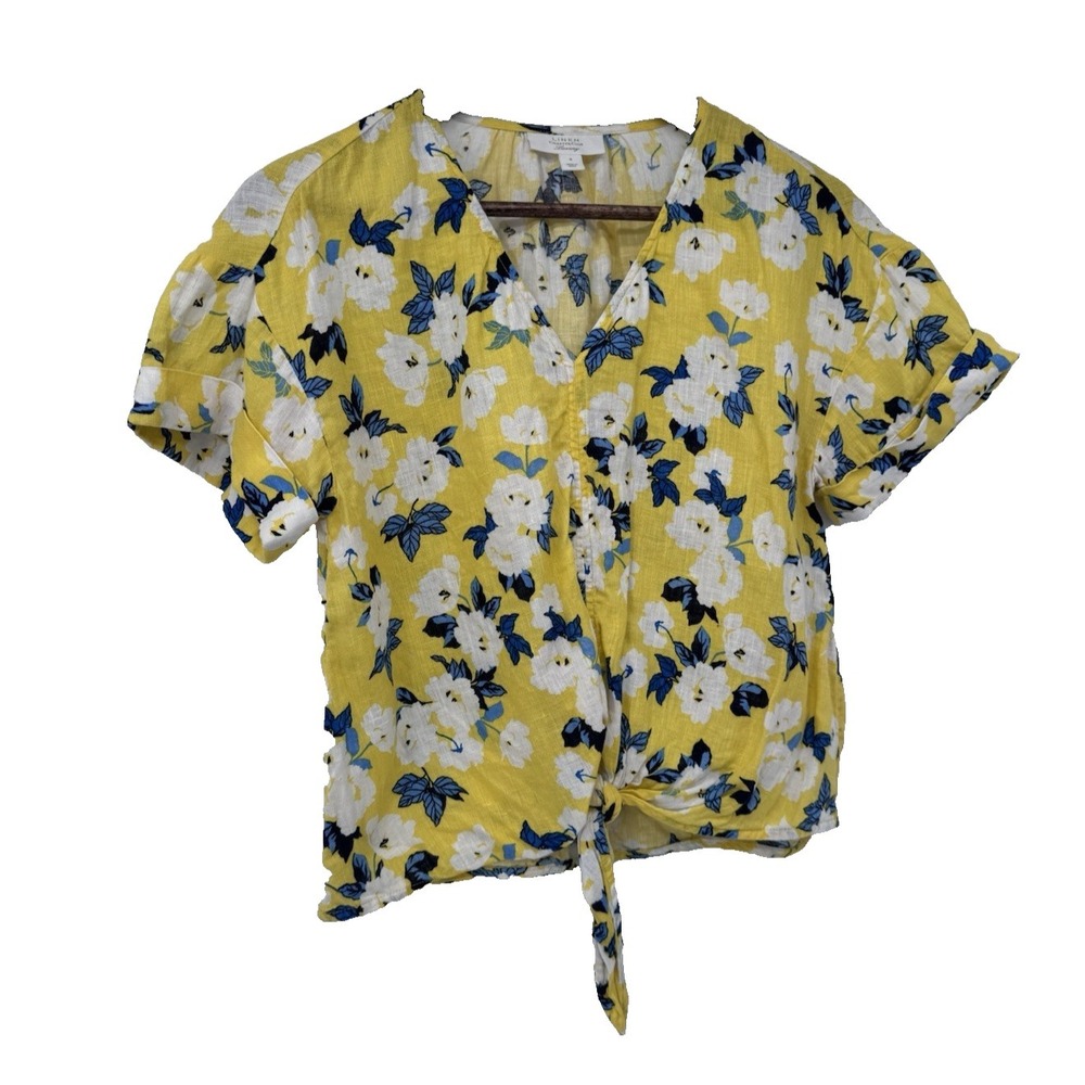 Charter Club Yellow Floral Linen Tie-Front Blouse Cottage Resort Beach Vacation